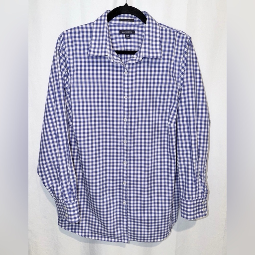 Lands’ End Womens Blue No Iron Button Up Shirt Supima Cotton Long Sleeve Top 18W